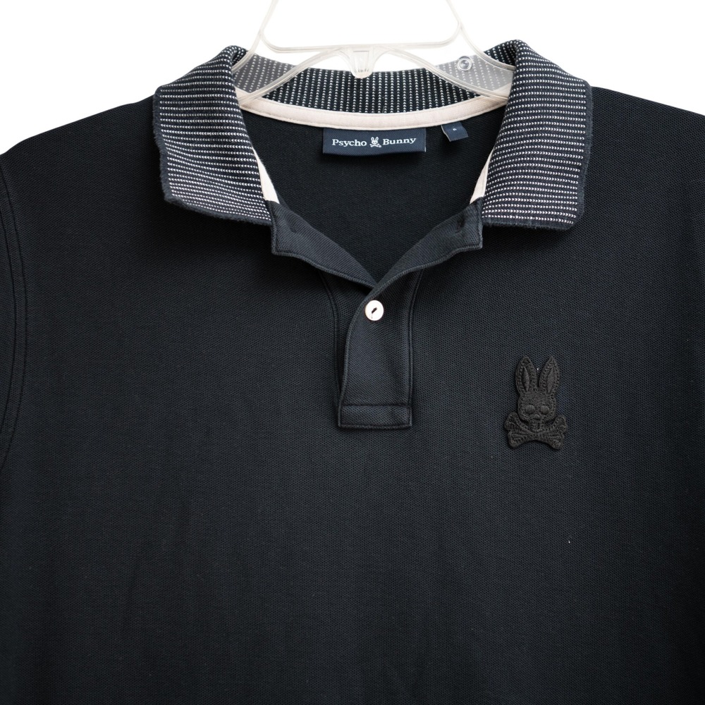 Psycho Bunny Black Polo Shirt Sz M Striped Collar Bunny Logo Preppy Minimalist